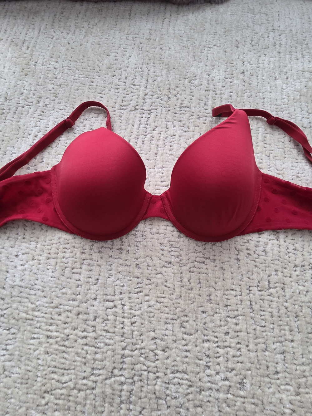 Red Molded Cup Underwire Bra Sheer Polka Dot Mesh – 32D